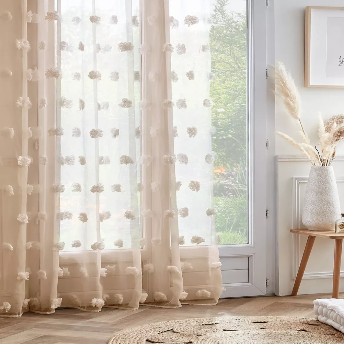 Tenda trasparente con occhielli pon pon (280 x 240 cm) Suzie Beige