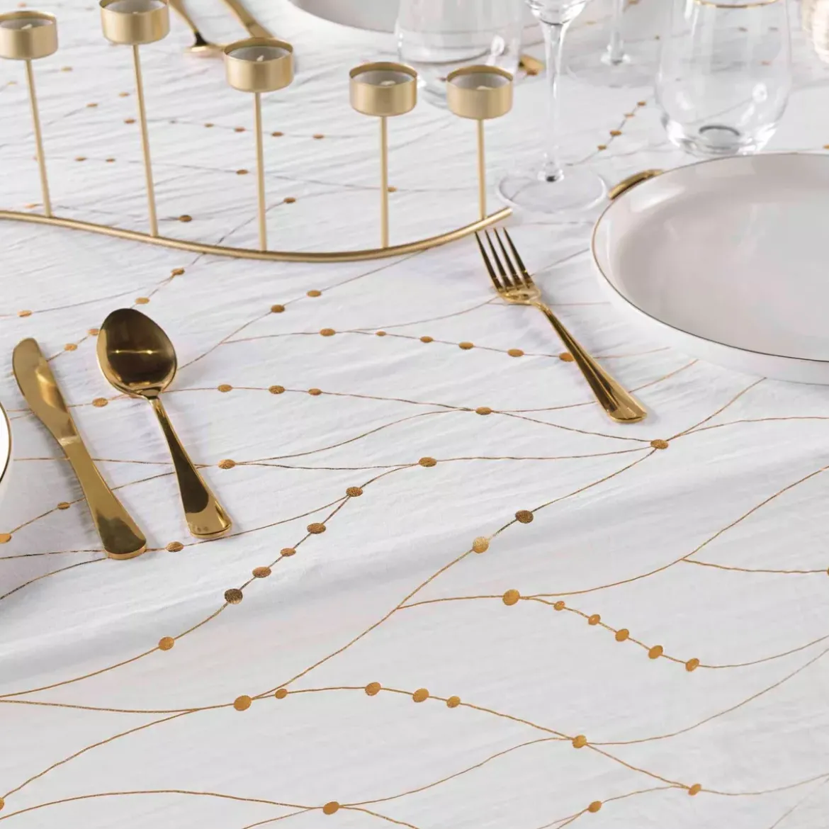 Tovaglia natalizia rettangolare anti macchia (140 x 240 cm) Firmament Bianco e dorato