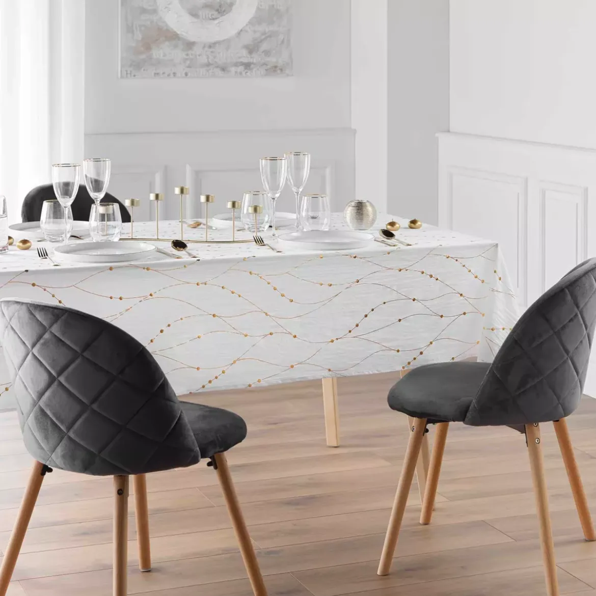 Tovaglia natalizia rettangolare anti macchia (140 x 240 cm) Firmament Bianco e dorato