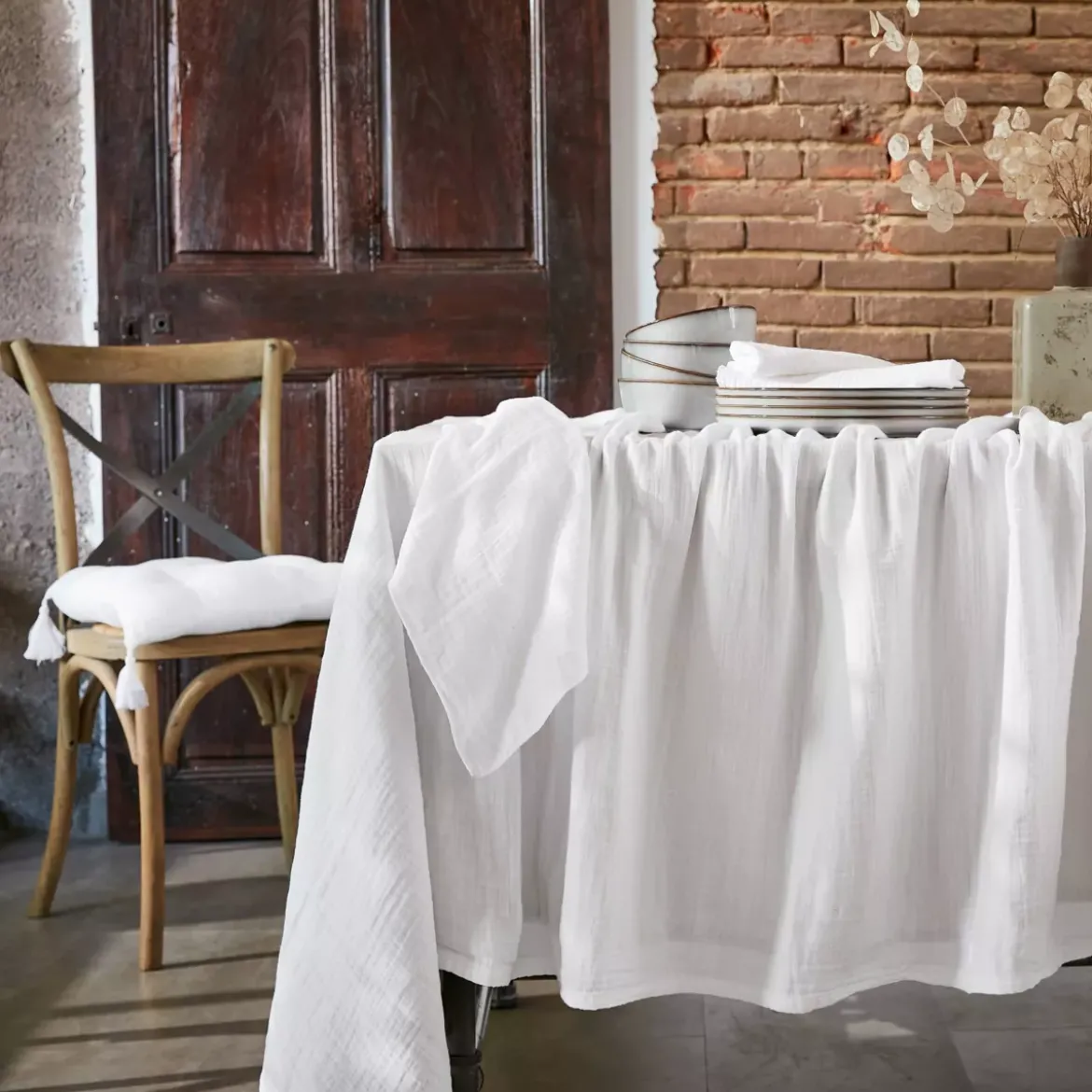 Tovaglia rettangolare garza di cotone (L250 cm) Gaïa Bianco chantilly