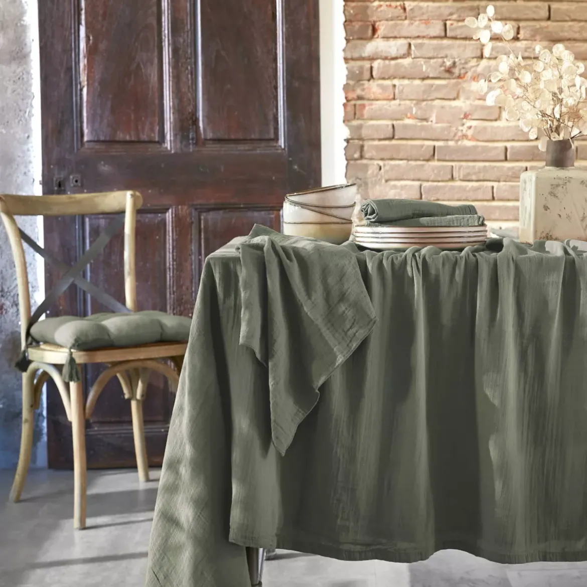 Tovaglia rettangolare garza di cotone (L350 cm) Gaïa Verde rosmarino