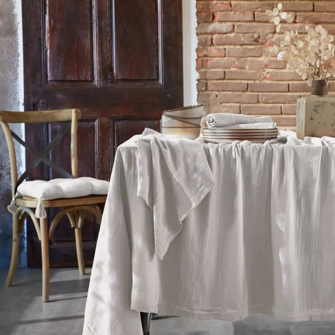 Tovaglia rettangolare garza di cotone (L350 cm) Gaïa Grigio nuvola