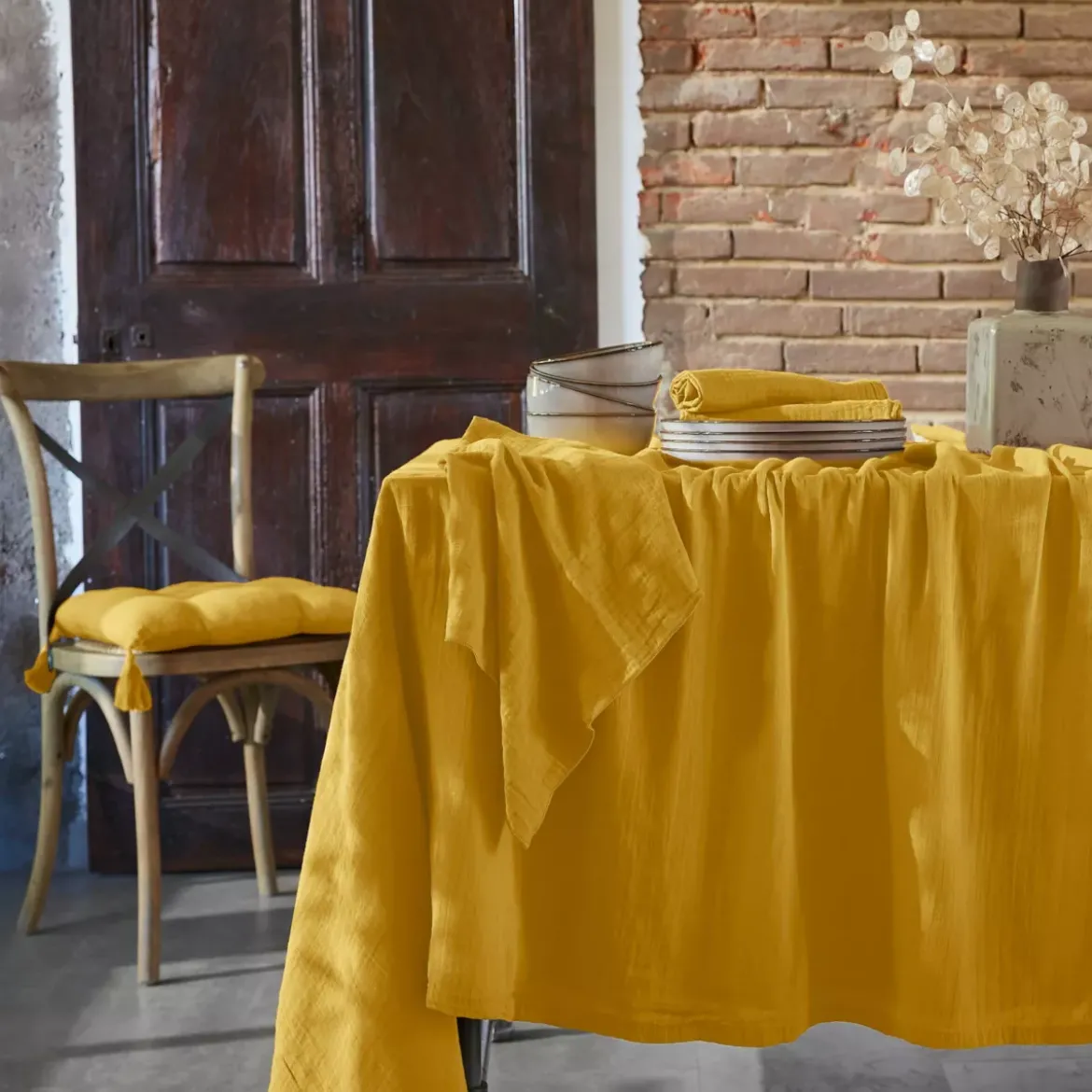 Tovaglia rettangolare garza di cotone (L350 cm) Gaïa Giallo zafferano