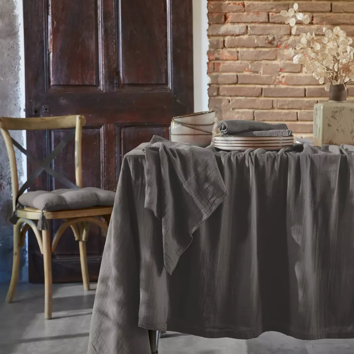 Tovaglia rettangolare garza di cotone (L250 cm) Gaïa Grigio granito