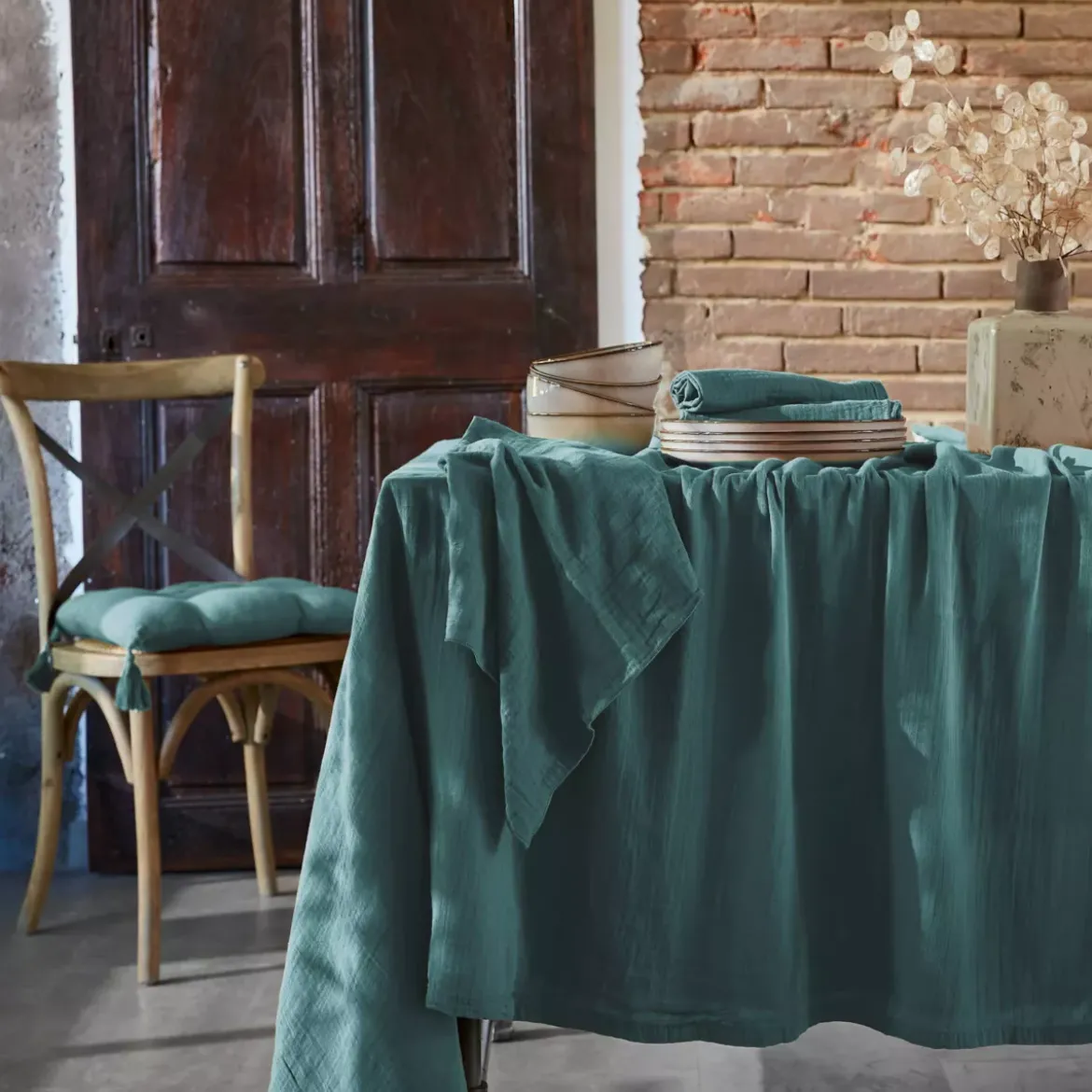 Tovaglia rettangolare garza di cotone (L350 cm) Gaïa Blu anatra