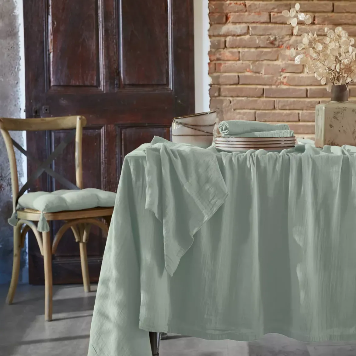Tovaglia rettangolare in garza di cotone (150 x 350 cm) Gaïa Verde eucalipto