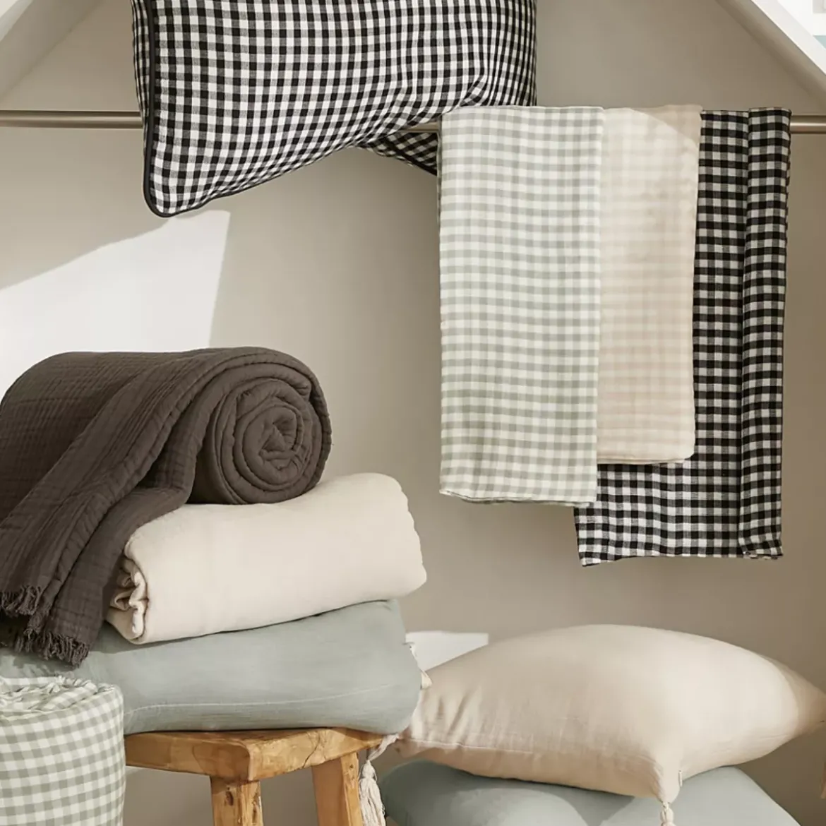 Tovaglia rettangolare in garza di cotone (150 x 350 cm) Gaïa vichy Verde eucalipto