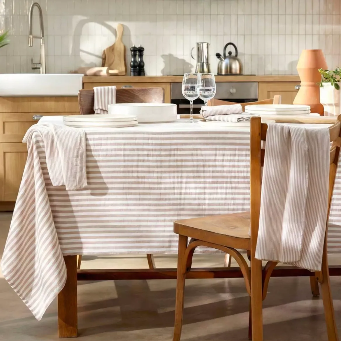 Tovaglia rettangolare in garza di cotone (150 x 250 cm) Gaïa a righe Corda