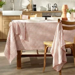 Tovaglia rettangolare in garza di cotone (150 x 350 cm) Gaïa righe Albicocca