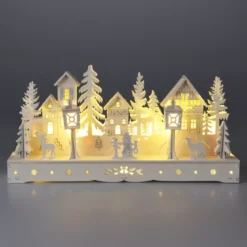 Villaggio di Natale in legno luminoso a pile (29 x H14 cm) Square incantato Bianco