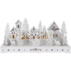 Villaggio di Natale in legno luminoso a pile (29 x H14 cm) Square incantato Bianco