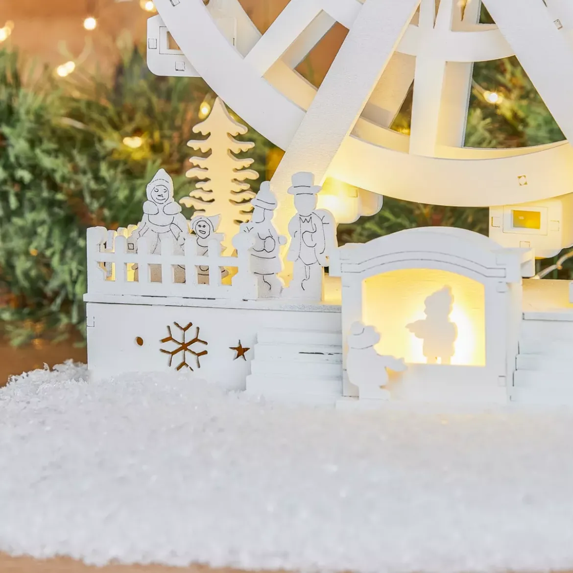 Villaggio di Natale in legno luminoso e animato (H30 cm) Grande ruota di Natale