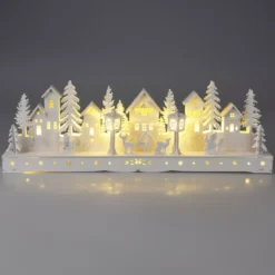Villaggio di Natale in legno luminoso a pile (45 x H15 cm) Piazza incantata Bianca