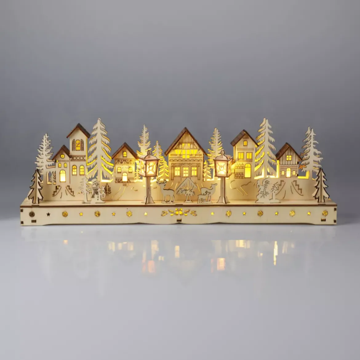Villaggio di Natale in legno luminoso a pile (45 x H15 cm) Piazza incantata Naturale