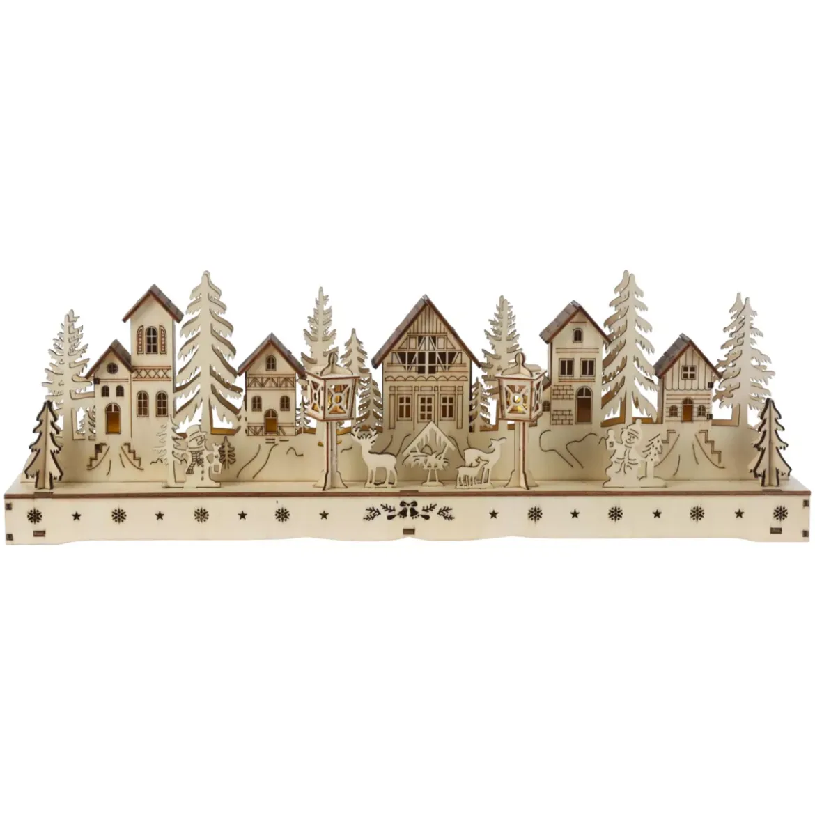 Villaggio di Natale in legno luminoso a pile (45 x H15 cm) Piazza incantata Naturale